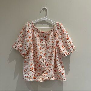 Zara Girls (10)White and Orange Floral Smocked Puff Sleeve Blouse with Side Bows